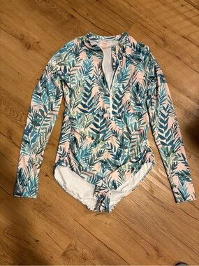 Axesea Long-Sleeve Palm Print One-Piece Swimsuit in Teal and Pink